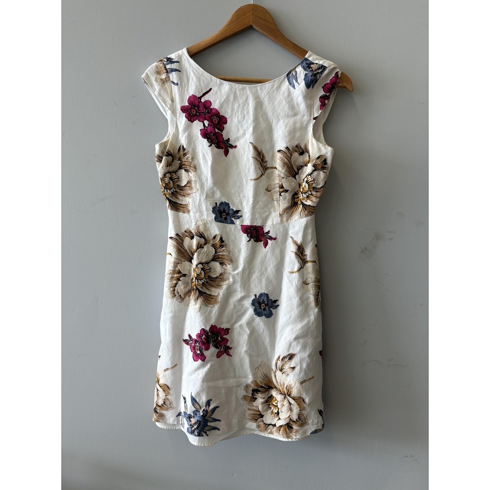 Ann Taylor Factory Dress Womens 2P White Floral Linen Fit Flare Short Summer